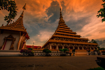 Phra Mahathat Kaen Nakhon, or Wat Nong Wang, is a royal temple with beautiful sculptures of 9-storey relics, a landmark Buddhist site in Khon Kaen Province, Thailand.