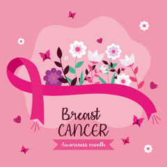 Sticker - breast cancer awareness pink ribbon with flowers and butterflies design, october month campaign theme Vector illustration