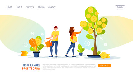 Wall Mural - Growing tree with coins. Woman picking cash and man watering the money plant. Profit, income, making money, financial success, investment concept. Vector illustration for banner, poster, website.