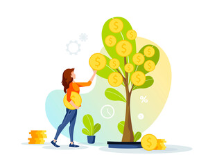 Wall Mural - Growing tree with coins and woman picking cash from the money tree. making money Profit and income, financial success, investment concept. Isolated vector illustration for banner, poster, advertising.