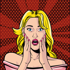 Wall Mural - blonde woman face with open mouth, surprised, style pop art