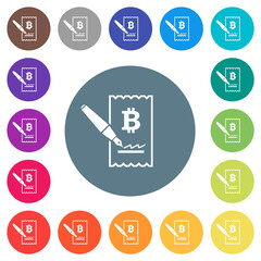 Poster - Signing Bitcoin cheque flat white icons on round color backgrounds