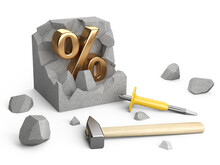 A Gold Percentage Sign Inside A Concrete Block With A Hammer And A Chisel Nearby. Discount Concept.