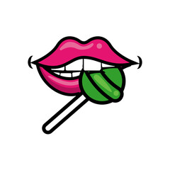 Sticker - Pop art mouth biting sweet candy green lollipop fill style icon