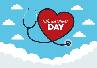 Sticker - world heart day lettering with stethoscope in sky background