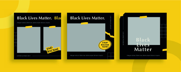 Set of editable templates for Instagram post, Facebook square frame, social media, black lives, advertisement, and business promotion, fresh design with black yellow color and minimalist vector. (1/3)