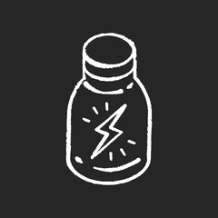 Wall Mural - Energy shot chalk white icon on black background. Caffeinated beverage. Drink for stamina. Booze in glass bottle. Product to boost vitality. Bottled liquid. Isolated vector chalkboard illustration