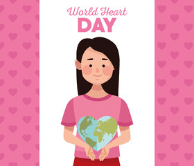 Wall Mural - world heart day lettering with woman lifting heartshaped earth