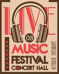 Poster - music festival poster with headphone audio device in vintage background