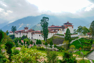 Central Bhutan, the Trongsa Dzong, the biggest forteress in Bhutan. Situated on hill and overlooking green the valley. 