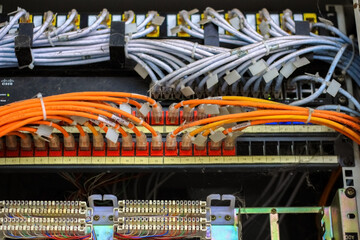 Local area network circuit box with multiple LAN RJ-45 cable relay connectors with selective focus on cables.