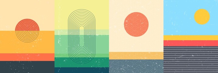 Wall Mural - vector illustration. bauhaus. mid century modern graphic. grunge texture. minimalist landscape set. 