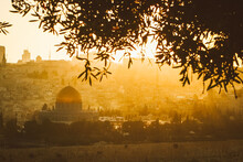 Dome Of The Rock With Olive Trees And The Walls Of Jerusalem, Al Aqsa, Palestine. Landscape View At Sunset