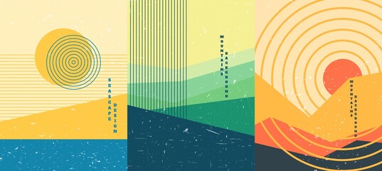 Wall Mural - vector illustration. bauhaus. mid century modern graphic. grunge texture. minimalist landscape set. 