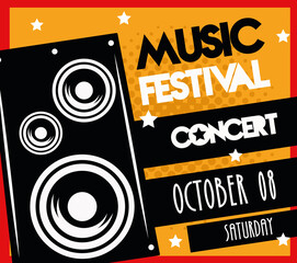 Sticker - music festival poster with speaker lettering date in black ribbon