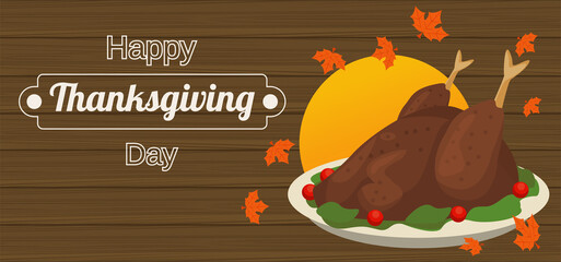 Poster - happy thanksgiving day poster with turkey food in wooden background