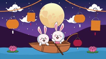 Sticker - mid autumn festival animation with rabbits couple in boat and lamps hanging