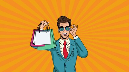 Wall Mural - businessman with shopping bags pop art animation