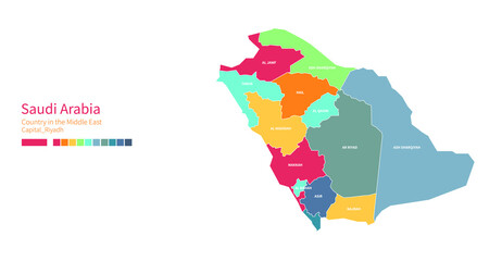  Saudi Arabia map. Colorful detailed vector map of the Arab, Middle East country.
