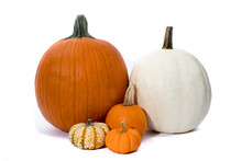 A Large Orange Pumpkin And A Large White Pumpkin And Several Small Pumpkins Isolated On White