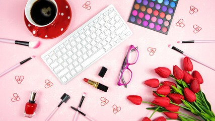 Wall Mural - Beauty makeup shopping feminine pink red theme bloggers desktop workspace with keyboard and accessories on stylish pink textured background. Top view blog hero header creative composition flat lay.