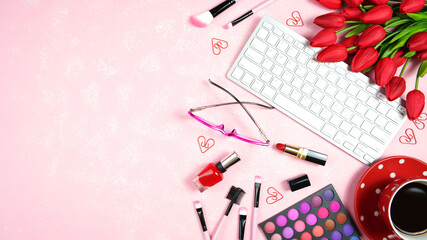 Wall Mural - Beauty makeup shopping feminine pink red theme bloggers desktop workspace with keyboard and accessories on stylish pink textured background. Top view blog hero header creative composition flat lay.