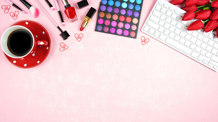 Wall Mural - Beauty makeup shopping feminine pink red theme bloggers desktop workspace with keyboard and accessories on stylish pink textured background. Top view blog hero header creative composition flat lay.