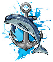Dolphin Around An Anchor With A Rope, An Ancient Symbol Of The Sea, Vector Illustration
