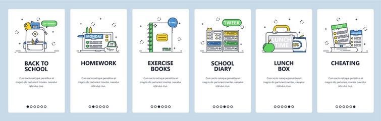 Wall Mural - school education. exercise books, diary, lunch box, homework. mobile app screens, vector website ban