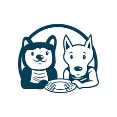 two dog sharing food in one plate. animal logo. foundation logo. vector illustration