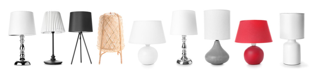 Different stylish lamps on white background