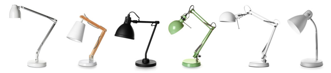 Different stylish lamps on white background