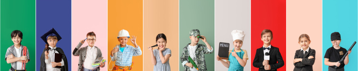 Wall Mural - Collage with little children in uniforms of different professions on color background