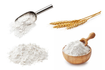 Wall Mural - Set of wheat flour isolated on white background. Wheat spikelets and flour in wooden bowl and spoon