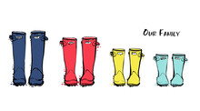 Family Concept With Rain Rubber Boots. Blue Red Yellow Wellies Collection. Rubber Boots Autumn Fall Concept. Vector Linear Illustration. Decoration Family Card On White Background.