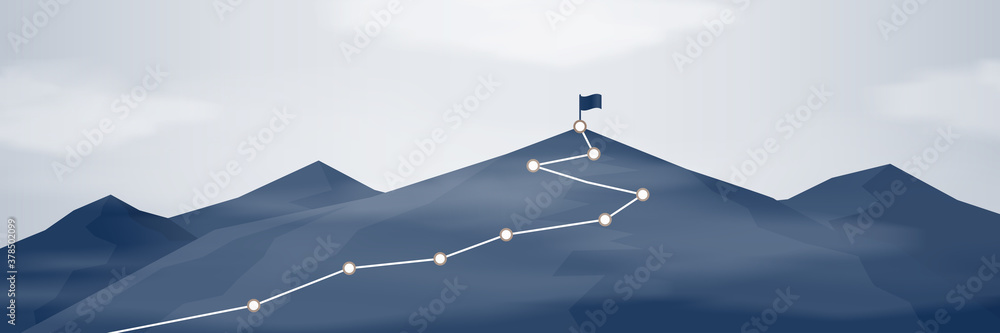 Mountain climbing route to peak with cloud and fog - obrazy, fototapety, plakaty 