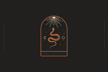 Poster - Mystical composition with a wriggling snake on black background. Magical sign of spiritual practices. Occult symbol in a minimalist style for ethnic magic and esoteric rites.