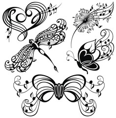 Wall Mural - Butterfly silhouette design. Big set of black and white elements. Vector decoration collection.