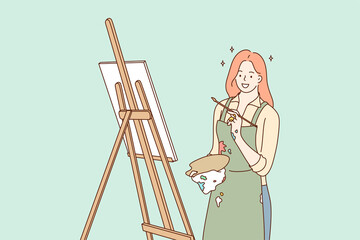 Profession, art, work, creativity concept. Young happy smiling woman girl artist cartoon character works with paintbrush draws paintings or pictures. Creative occupation or leisure hobby illustration.