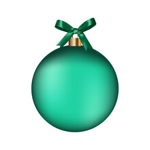 Realistic 3d Vector Green Bauble With Ribbon Bow Isolated On White Illustration.