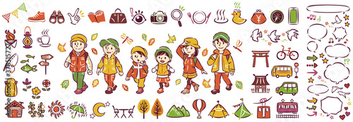 秋の紅葉狩り旅行 アウトドアレジャー 三世代家族 アイコンイラストと吹き出し セット Wall Mural Keiko Kusuhara