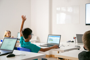 Mixed-race boy in glasses rising hand for answer during lesson. Back view of kid sitting at table with laptop computer and studying at school. Childhood, knowledge and digital education concept