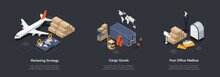Airlines Marketing Strategy, Cargo Goods Transportation, Post Office Mailbox Rent Concept. Innovate Marketing Strategy For Airlines, Cargo Shipping And Delivery. 3d Isometric Vector Illustration Set