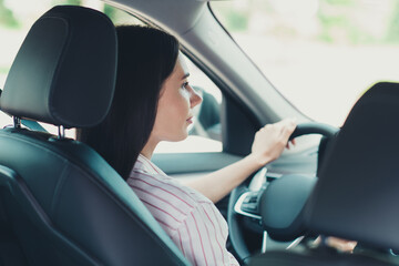 Poster - Close-up profile side view portrait of her she nice attractive lovely pretty successful serious skilled content girl worker assistant riding car delivering service ceo boss chief airport transfer