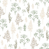Fototapeta Sypialnia - Seamless pattern of different types of field herbs and branches. For paper, covers, fabric, gift wrapping, wall painting, decorative interior design. Vector design.
