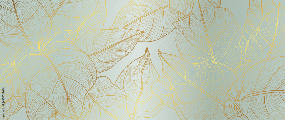Luxury golden art deco wallpaper. Floral pattern with golden split-leaf Philodendron plant with monstera plant line art on green emerald color background. Vector illustration. - obrazy, fototapety, plakaty 