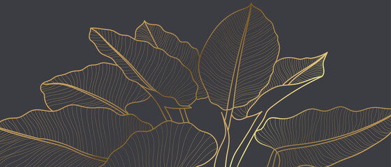 Luxury golden art deco wallpaper. Floral pattern with golden split-leaf Philodendron plant with monstera plant line art on green emerald color background. Vector illustration.