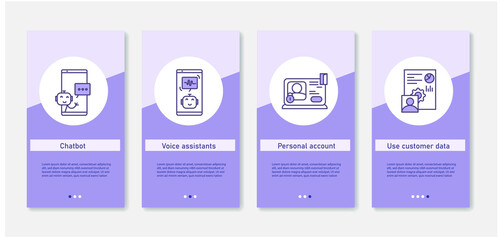 Customer service mobile app. Set of app screens with chatbot, voice assistants, personal account and customer data use. UI, UX, web template with RGB color linear icons. Client care and support