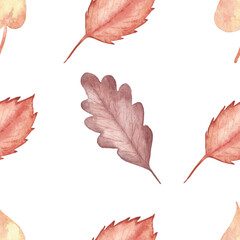 Watercolor hand painted nature autumn season seamless pattern with red, yellow and brown fall withered tree leaves isolated on the white background for print design