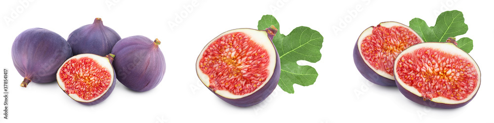Fresh fig fruit with leaves isolated on white background. Set or collection - obrazy, fototapety, plakaty 